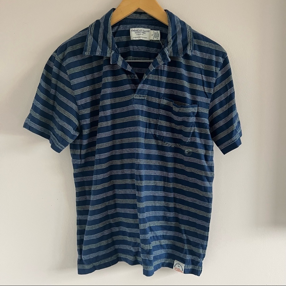 American Eagle Blue Striped Collared Shirt Short Sleeve Polo Top NWT